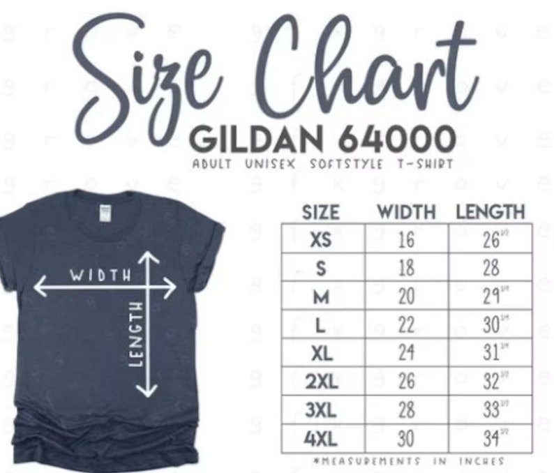 Puede incluir: Una camiseta azul marino con una tabla de tallas. La tabla enumera las tallas XS a 4XL, con las medidas de ancho y largo correspondientes en pulgadas. Tambi&eacute;n se ve el texto "Size Chart" y "GILDAN 64000".