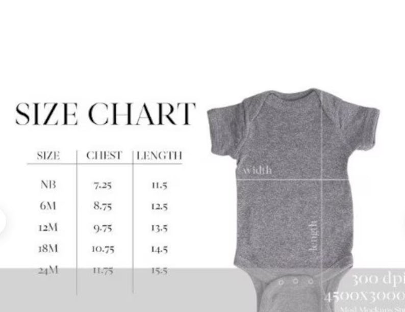 Puede incluir: Un body gris para beb&eacute; con una tabla de tallas. La tabla de tallas incluye medidas de pecho y largo en pulgadas para las tallas NB, 6M, 12M, 18M y 24M. El body tiene una medida de ancho y largo.