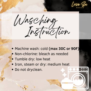 May include: Washing instructions for a garment. Machine wash cold (max 30&deg;C or 90&deg;F), non-chlorine bleach as needed, tumble dry on a low heat, iron on a medium heat, do not dry clean.