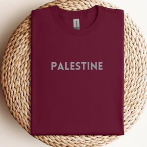 May include: A maroon t-shirt with the word "PALESTINE" printed in grey on the front.