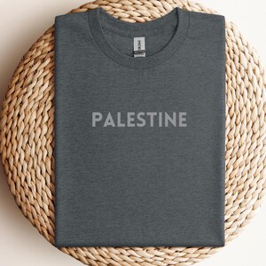 May include: A dark heather grey t-shirt with the word "PALESTINE" printed in white on the front.