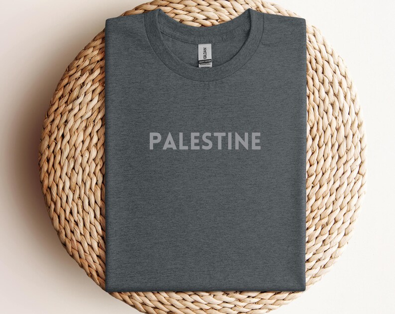 May include: A dark heather grey t-shirt with the word "PALESTINE" printed in white on the front.