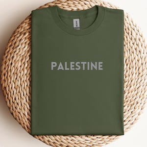 May include: A green t-shirt with the word "PALESTINE" printed in white on the front.