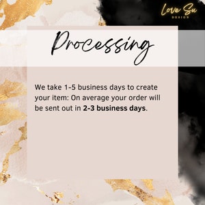 May include: A text graphic with the word "Processing" in a handwritten font. The text reads "We take 1-5 business days to create your item: On average your order will be sent out in 2-3 business days."