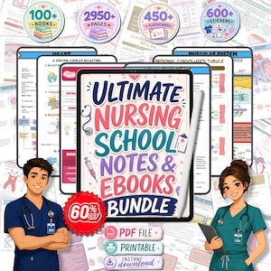 May include: Digital bundle for nursing students, featuring over 100 books, 2950+ pages, 450+ flashcards, and 600+ stickers. The bundle includes printable PDF files and instant download access. The title "Ultimate Nursing School Notes & Ebooks Bundle" is displayed on a tablet.