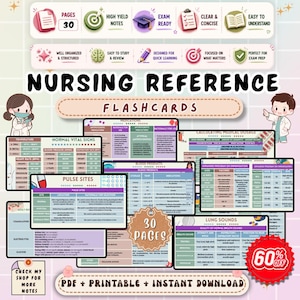 Può includere: Un set di schede di riferimento per l'infermieristica con il testo "Nursing Reference Flashcards". Le schede coprono argomenti come i segni vitali normali, i siti del polso e i suoni polmonari. L'immagine include il testo "30 pagine" e "PDF + Printable + Instant Download".