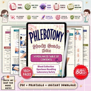 Puede incluir: Una guía de estudio digital de flebotomía con una portada de patrón de cuadrícula que presenta el texto Phlebotomy Study Guide Notes y Hyperlinked Table of Contents. La guía incluye secciones sobre extracción de sangre, manejo de muestras y seguridad de laboratorio, acompañada de un lápiz óptico blanco y varios iconos y gráficos educativos mostrados en el fondo.