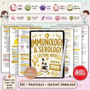 May include: Digital lecture notes on immunology and serology, displayed on a tablet with a stylus. The image includes illustrations of scientific equipment and diagrams. Text on the image reads "Immunology & Serology Lecture Notes" and "30+ pages".