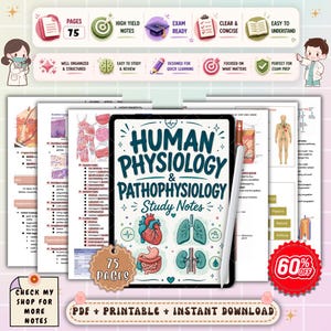 Puede incluir: Apuntes de estudio digitales para Fisiología Humana y Fisiopatología, con una tableta con el título, ilustraciones de órganos y un lápiz óptico. Incluye 75 páginas y el texto "PDF + Imprimible + Descarga instantánea".