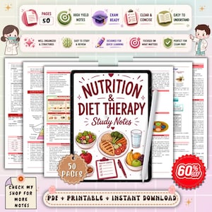 Può includere: Appunti di studio digitali per la nutrizione e la dietoterapia. L'immagine mostra un tablet con il titolo "Nutrition & Diet Therapy Study Notes" e illustrazioni di cibi sani. Gli appunti sono progettati per un apprendimento rapido e la preparazione agli esami.