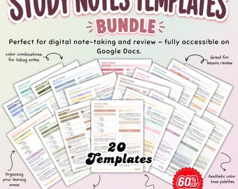 Può includere: Una raccolta di 20 modelli per appunti di studio con vari layout e schemi di colori pastello. Il testo recita STUDY NOTES TEMPLATES BUNDLE, 20 Templates e 60% OFF. I documenti sono progettati per prendere appunti in formato digitale.