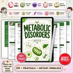 Könnte beinhalten: Ein digitaler Studienführer mit dem Titel Metabolic Disorders Notes mit grünen Illustrationen eines Mitochondriums, einer Leber und eines DNA-Strangs. Das Dokument enthält über 80 Seiten medizinischen Inhalts, einen weißen Eingabestift und verschiedene Symbole für Lernfunktionen.