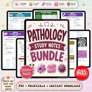 Op de afbeelding: Een digitaal pakket met studienotities voor pathologie op een tabletscherm, met de titel "PATHOLOGY STUDY NOTES BUNDLE", illustraties van een microscoop, cellen, weefsel en een virus, omringd door diverse voorbeelden van educatieve pagina's.