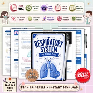 May include: A digital study guide titled "Respiratory System Pathology Notes" with a blue lung illustration. The image includes the text "90+ Pages" and other study-related icons. A stylus rests on the tablet screen. The image also includes the text "PDF + Printable + Instant Download".