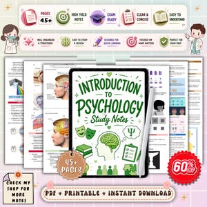 Op de afbeelding: Digitale psychologie studienotities met "Introduction to Psychology Study Notes" op een tablet. De afbeelding bevat pictogrammen zoals "Examenklaar" en "Gemakkelijk te begrijpen". De afbeelding bevat ook een sticker met 60% korting. De notities zijn ontworpen voor snel leren.