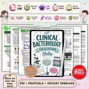 May include: Digital notes for Clinical Bacteriology, featuring a tablet with the title "Clinical Bacteriology Lab & Lecture Notes" and lab equipment illustrations. The notes are 120 pages, designed for quick learning and easy review.