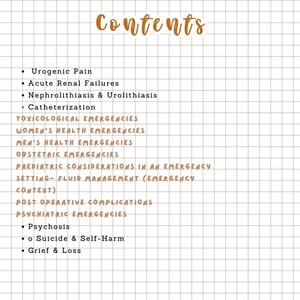 K&ouml;nnte beinhalten: Eine handgeschriebene Liste mit dem Titel "Contents" in brauner Tinte auf kariertem Papier. Die Liste enth&auml;lt medizinische Themen wie "Urogenic Pain" und "Psychosis". Der Text ist in einem l&auml;ssigen, handschriftlichen Stil verfasst.