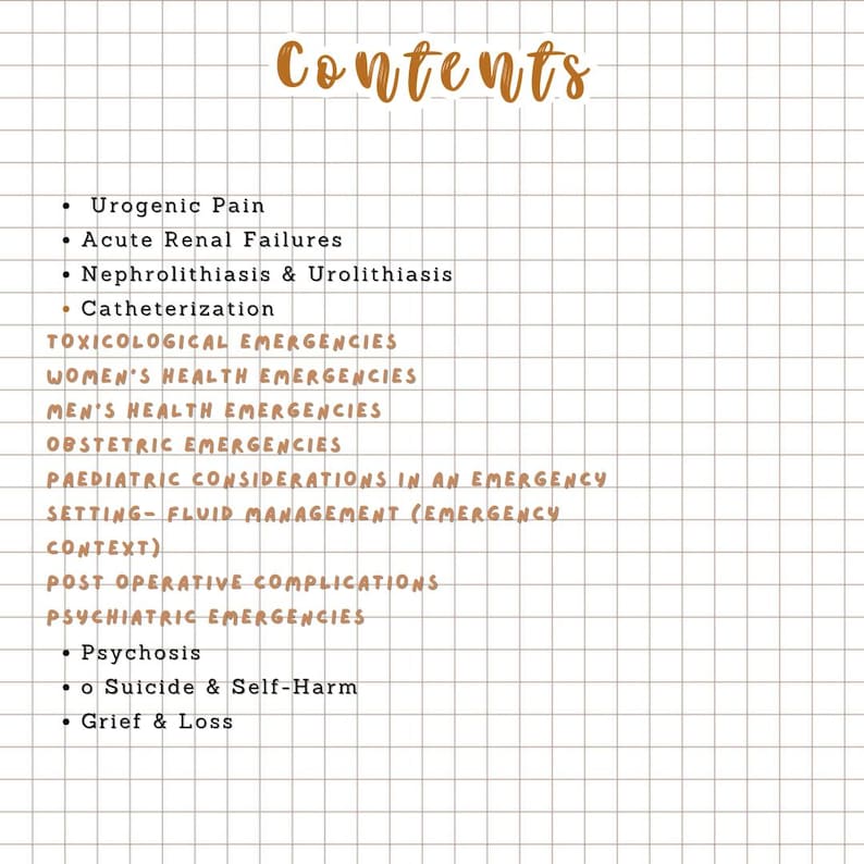 K&ouml;nnte beinhalten: Eine handgeschriebene Liste mit dem Titel "Contents" in brauner Tinte auf kariertem Papier. Die Liste enth&auml;lt medizinische Themen wie "Urogenic Pain" und "Psychosis". Der Text ist in einem l&auml;ssigen, handschriftlichen Stil verfasst.
