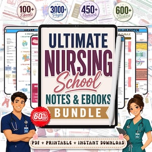 Könnte beinhalten: Ein digitales Tablet mit dem Text Ultimate Nursing School Notes & Ebooks Bundle und einem Eingabestift. Der Bildschirm zeigt ein 60%-Rabatt-Abzeichen und ist von verschiedenen Lernblättern, Karteikarten und E-Book-Symbolen umgeben.