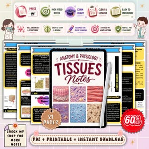 May include: Anatomy and Physiology Tissues Notes digital download. The image shows a tablet with notes and a stylus, surrounded by study aids. The notes are labeled "21 PAGES" and "PDF + PRINTABLE + INSTANT DOWNLOAD".