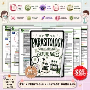May include: Digital study notes for parasitology, including lecture notes and flashcards. The image displays a tablet with the title "Parasitology" and icons indicating exam readiness, clear content, and over 100 pages. Includes a 60% off sticker.
