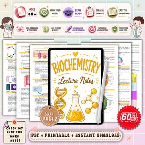 以下が含まれることがあります： タブレットに表示された「Biochemistry Lecture Notes」というタイトルのデジタル生化学講義ノート。画像には、DNA鎖、フラスコ、分子のイラストが含まれています。画像には「80+ページ」と「PDF + Printable + Instant Download」というテキストも含まれています。