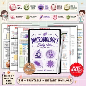 May include: Digital microbiology study notes, featuring the title "Microbiology 1 Study Notes" on the cover, with illustrations of a microscope, petri dish, and bacteria. The image includes the text "130+ Pages" and "PDF + Printable + Instant Download".