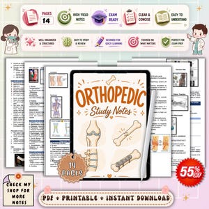 May include: A digital download of "Orthopedic Study Notes" with 14 pages, featuring illustrations of bones and medical diagrams. The image includes a tablet with text and icons like "Exam Ready" and "High Yield Notes", designed for quick learning.