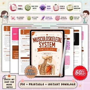 May include: A digital download of Musculoskeletal System Pathology notes. The cover features a skeletal illustration. The notes are designed for exam prep and include over 130 pages. The image also includes a stylus and a 60% off promotion.