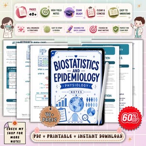 Op de afbeelding: Een digitale tablet met aantekeningen over "Biostatistiek en Epidemiologie", met een stylus. De afbeelding bevat pictogrammen voor examenvoorbereiding, hoogwaardige aantekeningen en meer dan 40 pagina's. De tekst bevat ook "PDF + Printbaar + Direct downloaden".