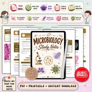 May include: A digital study guide for microbiology, featuring a tablet with "Microbiology Study Notes" and illustrations of a microscope and bacteria. The image includes icons for exam preparation and a "60% OFF" promotion.
