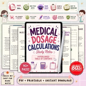 Puede incluir: Una tableta digital que muestra una guía de estudio titulada Medical Dosage Calculations Study Notes con una tabla de contenido hipervinculada, acompañada de un lápiz óptico, rodeada de iconos educativos, fragmentos de texto y una insignia de 60% de descuento.