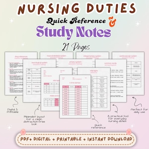 Könnte beinhalten: Eine Sammlung druckbarer Krankenpflegestudiennotizen mit dem Titel "NURSING DUTIES Quick Reference & Study Notes". Die Notizen umfassen Medikamentenreferenzen, neurologische und kardiovaskuläre Systeme und Vitalzeichen. Der Text "21 Pages" ist sichtbar.