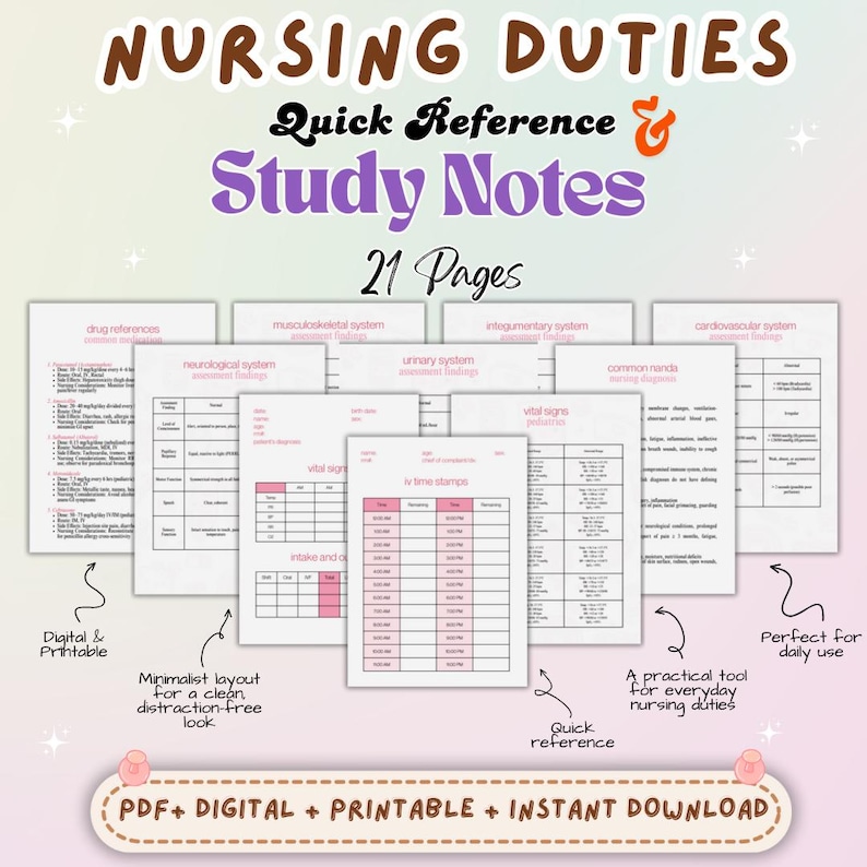 Student Reference Notes Nursing Duty Reference Guide | Clinical Duties Cheat Sheet | Nursing ...