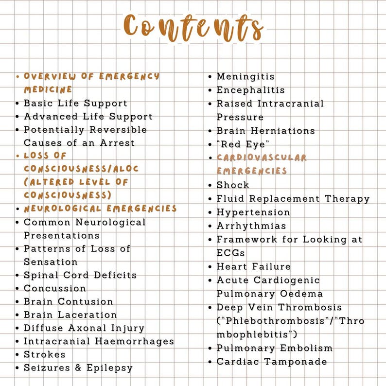 K&ouml;nnte beinhalten: Eine handgeschriebene Liste medizinischer Themen, darunter Notfallmedizin, neurologische Notf&auml;lle und kardiovaskul&auml;re Notf&auml;lle. Der Titel "Contents" ist in einer dekorativen Schriftart geschrieben. Der Hintergrund hat ein Rastermuster.