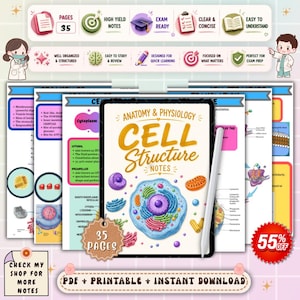 Op de afbeelding: Anatomie en fysiologie "Celstructuurnotities" met een kleurrijk celdiagram, een stylus en een telling van 35 pagina's. De afbeelding bevat tekst zoals "Exam Ready" en "PDF + Printbaar + Direct downloaden".