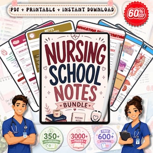 May include: A digital nursing school notes bundle featuring a tablet display with the text Nursing School Notes Bundle, a coffee cup, and a stethoscope. The set includes 350 flashcards, 3000 pages, and 600 stickers, illustrated with two cartoon nurses.