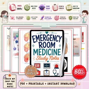 Könnte beinhalten: Ein digitaler Studienführer für Notfallmedizin, mit einem Tablet, das "Emergency Room Medicine Study Notes" anzeigt. Das Bild enthält medizinische Symbole, den Text "280+ Seiten" und eine 60% Rabatt-Aktion. Der Leitfaden ist als PDF, druckbar und sofortiger Download gekennzeichnet.