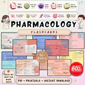 Op de afbeelding: Farmacologie flashcards met meer dan 30 pagina's, ontworpen voor examenvoorbereiding. De flashcards behandelen onderwerpen als niet-opioïde analgetica, intraveneuze therapie en meer. Bevat de tekst "PDF + PRINTABLE + INSTANT DOWNLOAD".