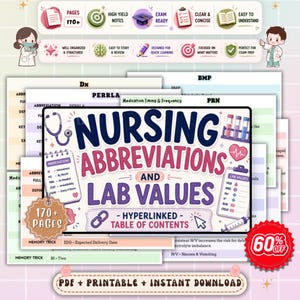 以下が含まれることがあります： 「Nursing Abbreviations and Lab Values」と題されたデジタル学習ガイド。聴診器、試験管、心臓などの医療アイコンが描かれたカラフルなページが重なっており、ハイパーリンク付きの目次が含まれています。