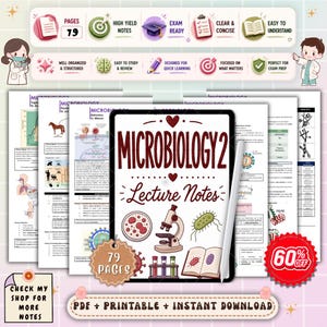 May include: A digital download of "Microbiology 2 Lecture Notes" on a tablet, featuring illustrations of a microscope, bacteria, and lab equipment. The image includes the text "79 Pages" and "PDF + Printable + Instant Download".