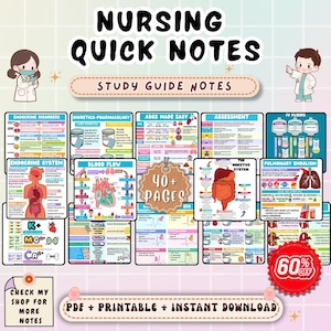 May include: A set of printable nursing study guides. The image displays colourful charts covering topics such as endocrine disorders, blood flow, and IV fluids. Text includes "Nursing Quick Notes," "Study Guide Notes," and "40+ Pages." A banner reads "PDF + Printable + Instant Download."