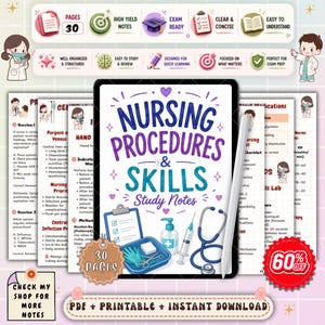 May include: A digital study guide titled Nursing Procedures & Skills Study Notes featuring a central illustration of a medical kit, stethoscope, and syringe, surrounded by multiple pages of nursing educational content and icons.