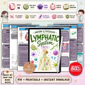 May include: Digital notes on the lymphatic system for anatomy and physiology. The image shows a tablet displaying the notes, a stylus, and a 60% off sale tag. The notes are designed for exam prep and quick learning, with 18 pages.