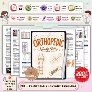 May include: An Orthopedic Study Notes digital download with 14 pages, featuring illustrations of bones and joints. The image includes text such as "Exam Ready" and "Easy to Understand", and a 60% off promotion.