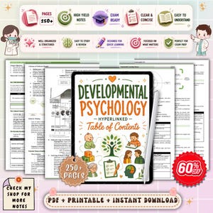 May include: A digital download of Developmental Psychology notes, featuring a tablet with the title and table of contents. The image includes icons and text such as "250+ pages", "Exam Ready", and "PDF + Printable + Instant Download".