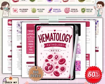 Puede incluir: Notas digitales de hematología con ilustraciones de células sanguíneas y el texto "Hematology Pathology Notes". Las notas están diseñadas para la preparación de exámenes y están disponibles en PDF para descarga instantánea. La imagen también incluye una promoción del 60% de descuento.