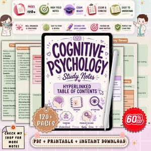 以下が含まれることがあります： Cognitive Psychology Study Notesというタイトルのデジタル学習ガイド。ハイパーリンク付き目次、120ページ以上、脳、ノート、虫眼鏡のイラストが描かれ、白いスタイラスペンと共にタブレット画面に表示されています。