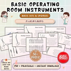 May include: A digital flashcard set titled "Basic Operating Room Instruments" with illustrations of surgical tools. The image includes text such as "Basic Sets & Sponges" and "50+ Pages". A 60% off sticker is also visible.