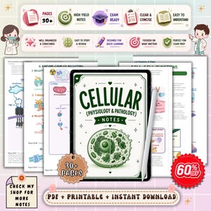 May include: A stack of study notes with the title "Cellular (Physiology & Pathology) Notes" and a diagram of a cell. The notes are designed for exam preparation and include over 30 pages. A digital stylus is also visible.